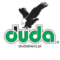 Logo zakładu galanterii drzewnej Duda: orzeł nad zielonym napisem "duda" i adresem dudabiecz.pl.