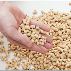 Dłoń trzymająca pellet drzewny. Zastanawiasz się, ile kosztuje paleta pelletu? To ekologiczne paliwo grzewcze.