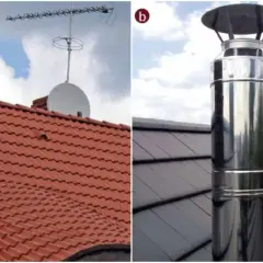 Dwa rodzaje kominów na dachach: tradycyjny ceglany i nowoczesny komin systemowy stalowy.