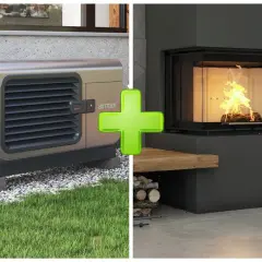 Nowoczesny piec na pellet z Mazur obok przytulnego kominka z ogniem.