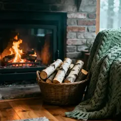 Przytulny kominek z palącym się ogniem, kosz z drewnem i zielony pled. Idealne miejsce na relaks, od kiedy zakaz palenia w kominkach stał się normą.