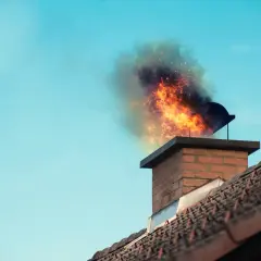 Płomienie i dym wydobywają się z komina, wskazując na potrzebę naprawy komina po zapaleniu sadzy.