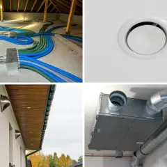 Instalacja systemu rekuperacji: niebieskie i zielone przewody w poddaszu, nawiewnik sufitowy, czerpnie/wyrzutnie ścienne i centrala wentylacyjna.