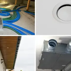 Instalacja rekuperatora na poddaszu: niebieskie i zielone przewody wentylacyjne, kratka nawiewna, czerpnie powietrza i jednostka centralna.