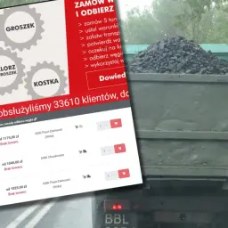 Jak kupić ekogroszek z PGG? Strona internetowa kopalni PGG S.A. pokazuje różne rodzaje węgla, a obok ciężarówka z węglem.