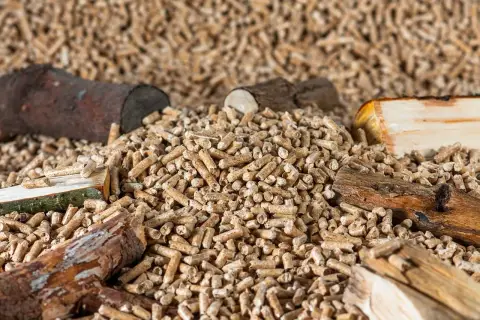 Góra pelletu drzewnego, który jest najlepszy pellet na rynku, z kawałkami drewna.