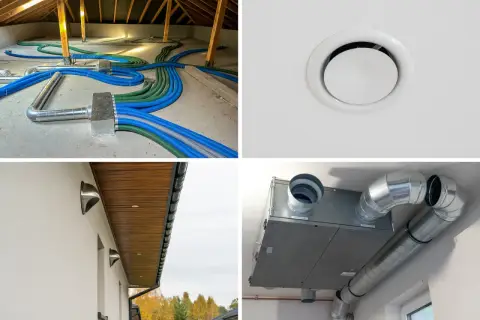 Instalacja systemu rekuperacji: niebieskie i zielone przewody w poddaszu, nawiewnik sufitowy, czerpnie/wyrzutnie ścienne i centrala wentylacyjna.