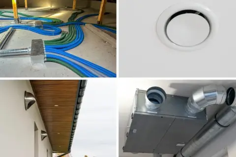 Instalacja rekuperatora na poddaszu: niebieskie i zielone przewody wentylacyjne, kratka nawiewna, czerpnie powietrza i jednostka centralna.