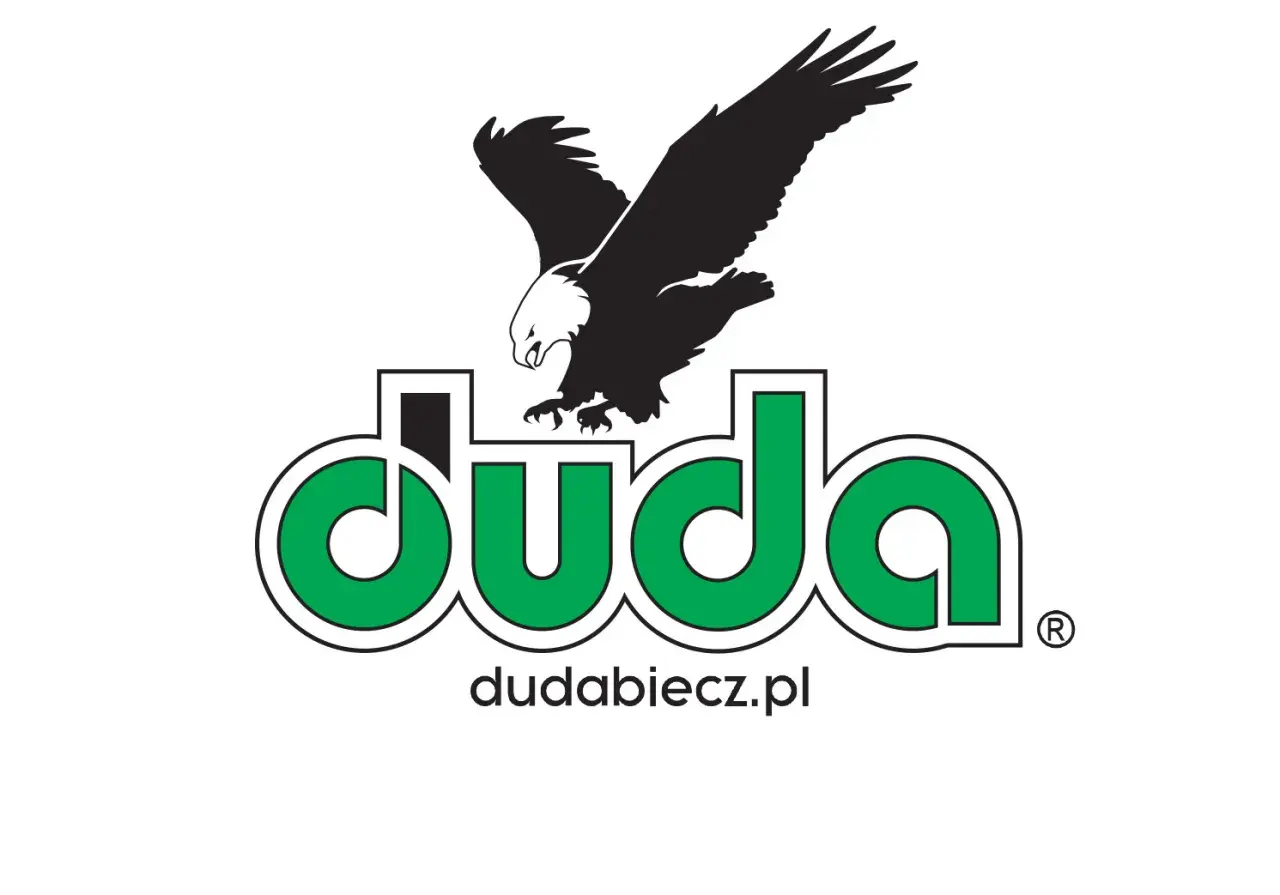 Logo zakładu galanterii drzewnej Duda: orzeł nad zielonym napisem "duda" i adresem dudabiecz.pl.