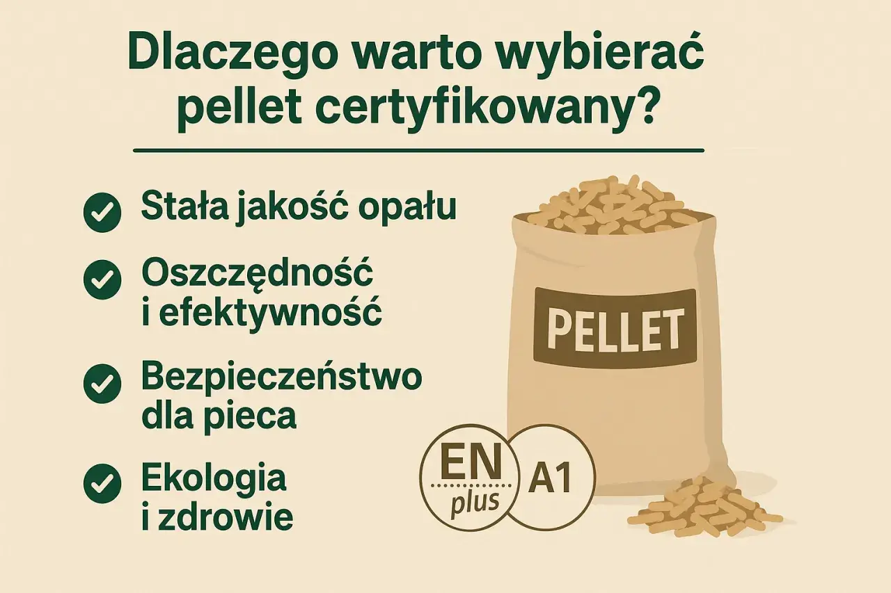 Worek z napisem PELLET i certyfikatem ENplus A1. Dlaczego warto wybierać pellet certyfikowany? Stała jakość, oszczędność, bezpieczeństwo, ekologia.