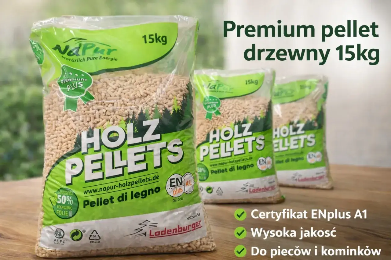 Worki z pelletem drzewnym Holz Pellets 15kg, z certyfikatem ENplus A1, wysokiej jakości, idealne do pieców i kominków.