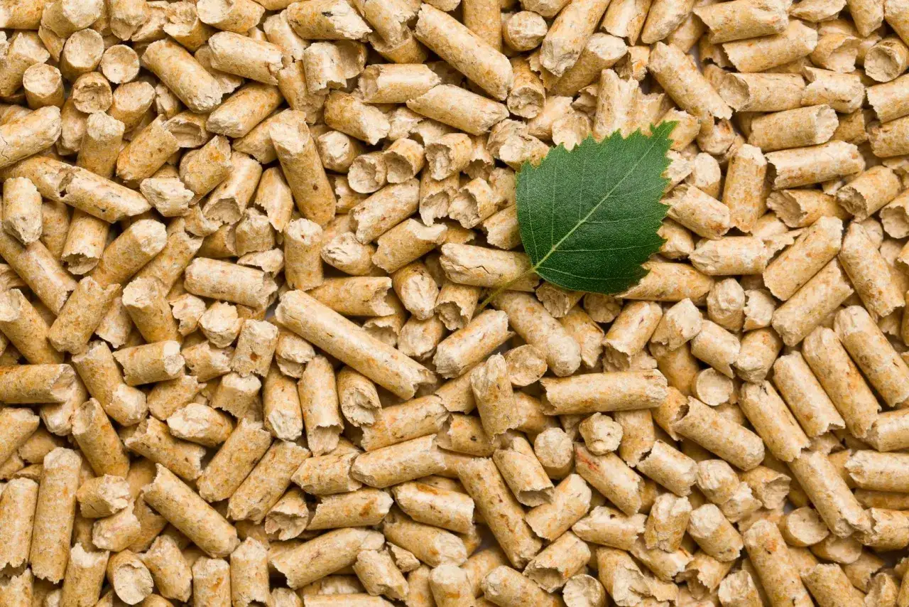 Zbliżenie na drewniany pellet, który pokazuje, jak powstaje pellet. Zielony listek dodaje naturalnego akcentu.