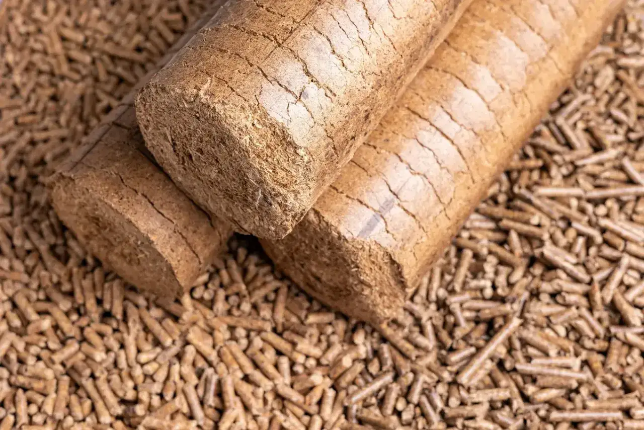 Trzy brykiety drzewne leżą na tle drobnego pelletu. Tak powstaje pellet, ekologiczne paliwo.