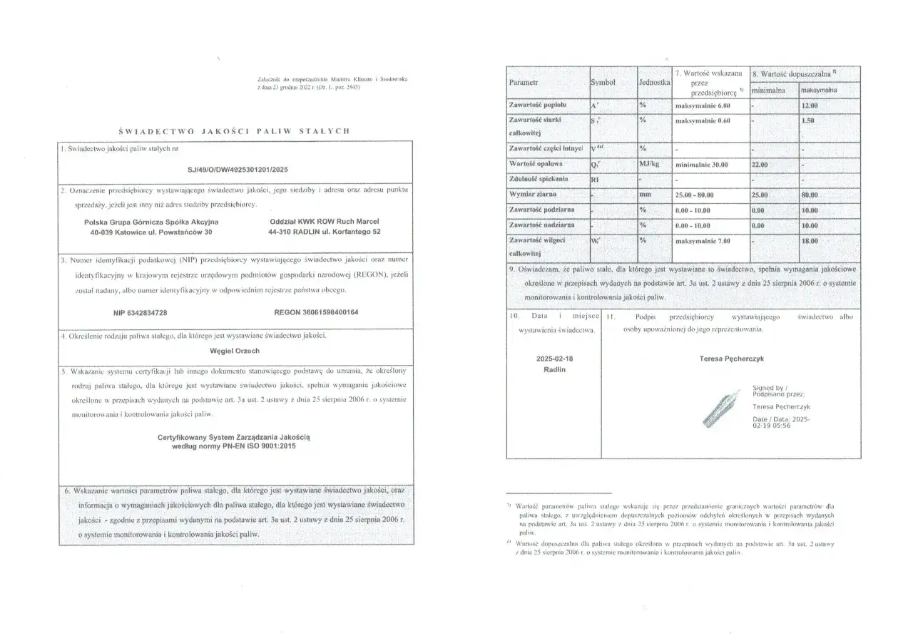 Świadectwo jakości dla węgla orzech Marcel. Dokument zawiera parametry paliwa stałego, jego dopuszczalne wartości i dane wystawcy.