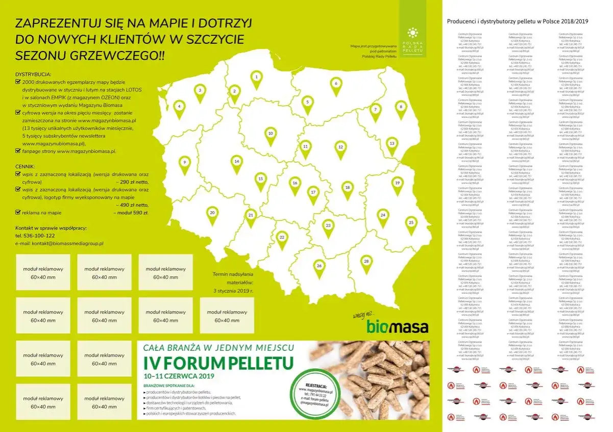 Mapa Polski z zaznaczonymi punktami dystrybucji pelletu. Reklama dla producentów pelletu stalowa wola.