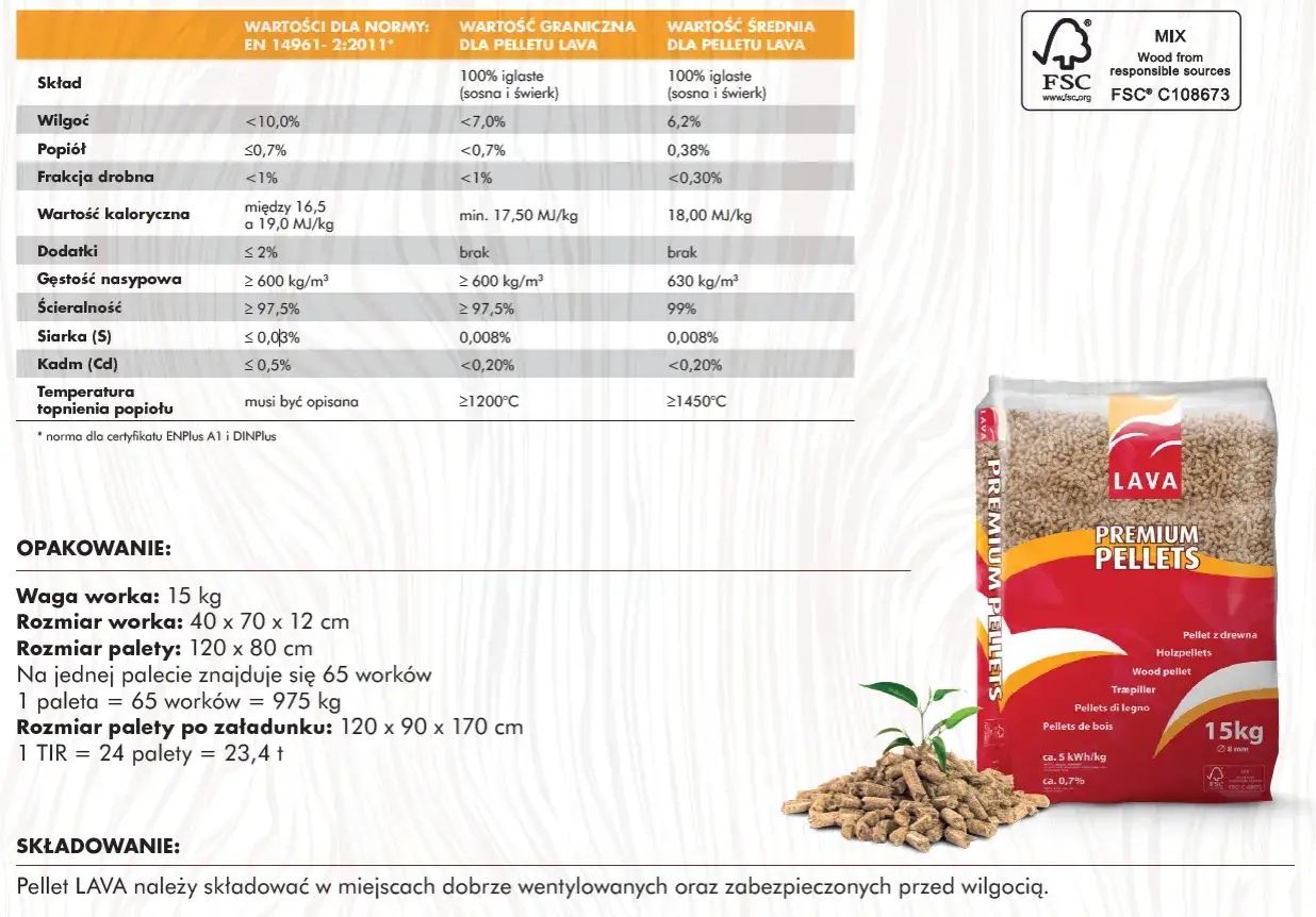 Torba z pelletem LAVA PREMIUM PELLETS, z certyfikatem FSC, zawiera wysokiej jakości paliwo drzewne.