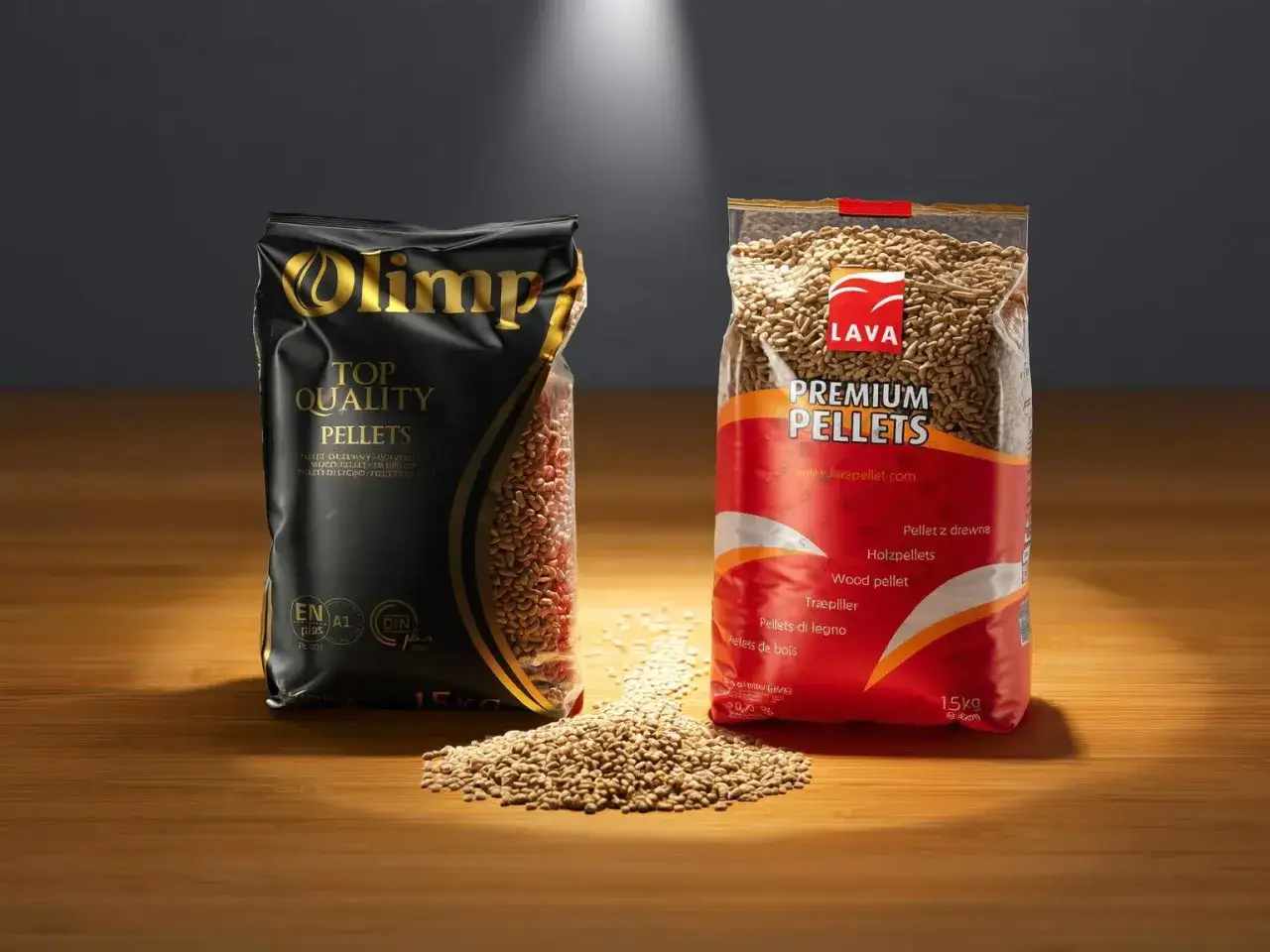 Dwie torby z pelletem drzewnym: Olimp i LAVA Premium Pellets. Idealne do ogrzewania.