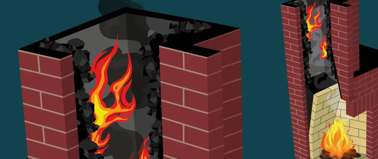 Ilustracja przedstawia przekrój komina z płonącą sadzą i węglem. Widoczny jest proces naprawy komina po zapaleniu sadzy.