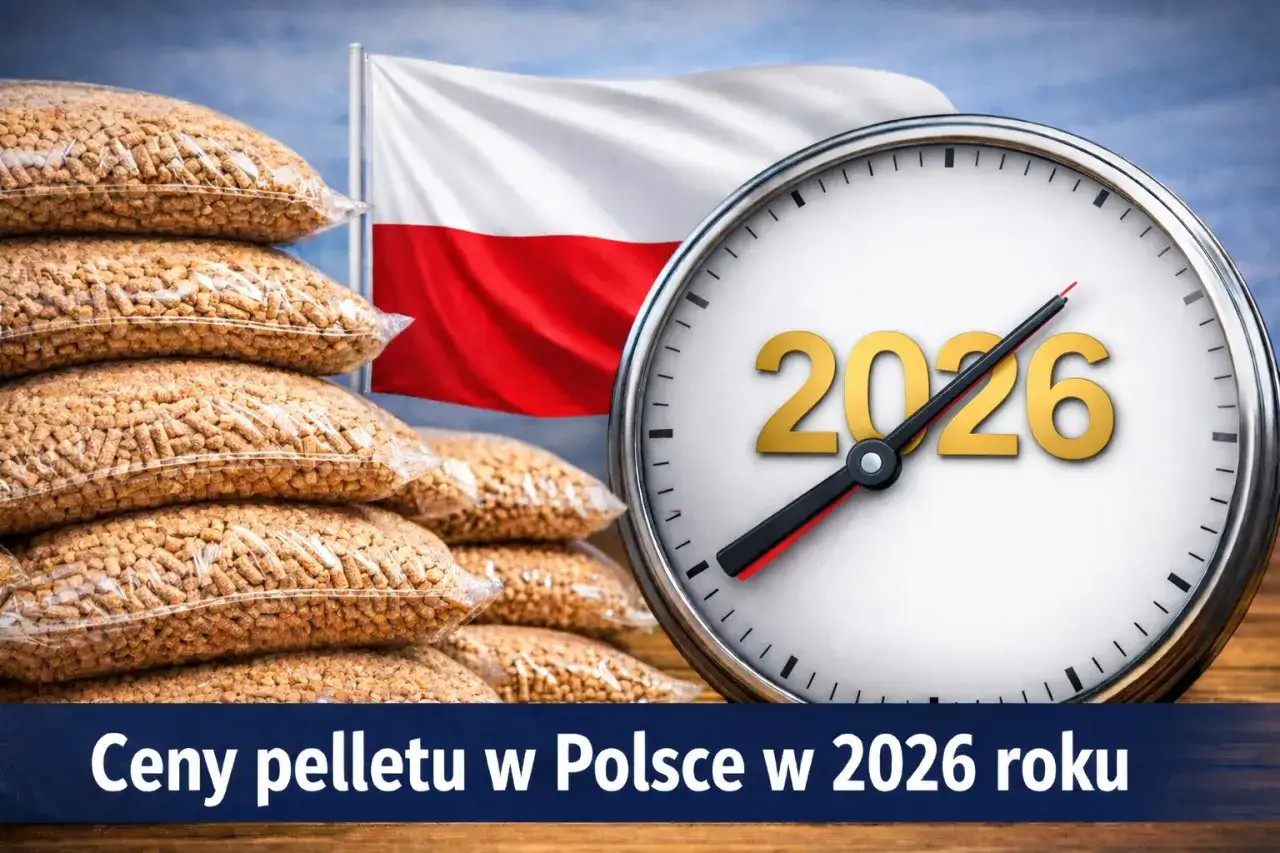 Stosy worków z pelletem, polska flaga i zegar wskazujący 2026 rok. Dowiedz się, ile kosztuje paleta pelletu w Polsce w 2026 roku.