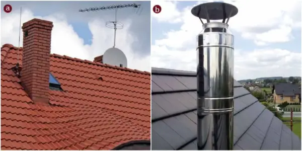 Dwa rodzaje kominów na dachach: tradycyjny ceglany i nowoczesny komin systemowy stalowy.