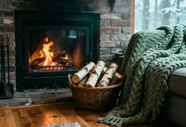 Przytulny kominek z palącym się ogniem, kosz z drewnem i zielony pled. Idealne miejsce na relaks, od kiedy zakaz palenia w kominkach stał się normą.